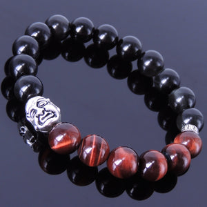 10mm Rainbow Black Obsidian & Red Tiger Eye Healing Gemstone Bracelet with S925 Sterling Silver Double Face Buddha & Buddhism Spacer Bead - Handmade by Gem & Silver BR181