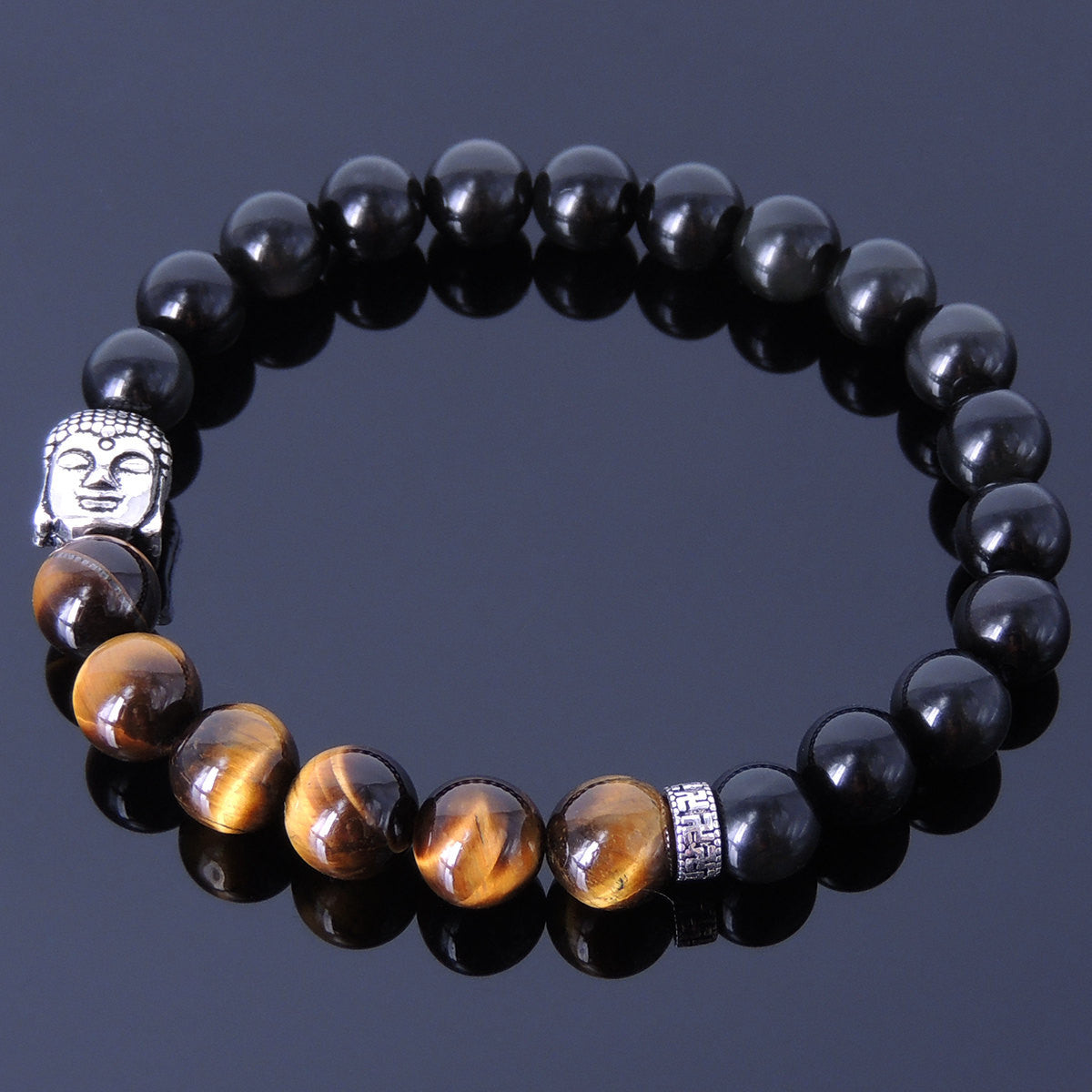 Rainbow Black Obsidian & Brown Tiger Eye Healing Gemstone Bracelet with S925 Sterling Silver Sakyamuni Buddha & OM Meditation Spacer Bead - Handmade by Gem & Silver BR329