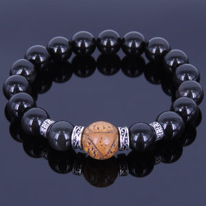 Dragon Eye Bodhi Seed & Rainbow Black Obsidian Healing Gemstone Bracelet with S925 Sterling Silver Buddhism Protection Spacers - Handmade by Gem & Silver BR332