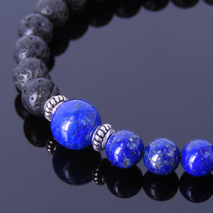 Lapis Lazuli & Lava Rock Healing Gemstone Bracelet with S925 Sterling Silver Beads Spacers & Clasp - Handmade by Gem & Silver BR335
