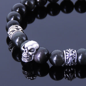8mm Rainbow Black Obsidian Healing Gemstone Bracelet with S925 Sterling Silver Celtic Protection Skull & Cross Spacer Beads - Handmade by Gem & Silver BR224