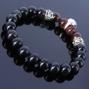 8mm Red Tiger Eye & Rainbow Black Obsidian Healing Gemstone Bracelet with S925 Sterling Silver Celtic Protection Skull & Cross Spacer Beads - Handmade by Gem & Silver BR280