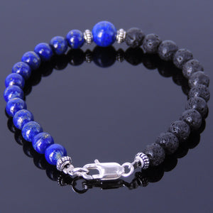 Lapis Lazuli & Lava Rock Healing Gemstone Bracelet with S925 Sterling Silver Beads Spacers & Clasp - Handmade by Gem & Silver BR335