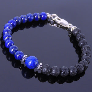 Lapis Lazuli & Lava Rock Healing Gemstone Bracelet with S925 Sterling Silver Clasp & Spacer Beads BR335