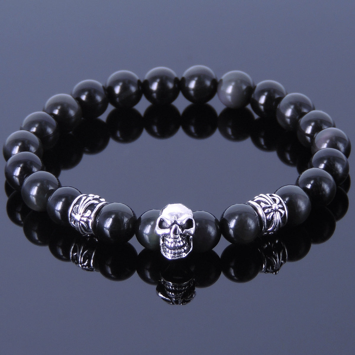 8mm Rainbow Black Obsidian Healing Gemstone Bracelet with S925 Sterling Silver Celtic Protection Skull & Cross Spacer Beads - Handmade by Gem & Silver BR224