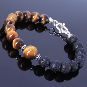 Lava Rock & Brown Tiger Eye Healing Gemstone Bracelet with S925 Sterling Silver Spacer Beads & S-Hook Clasp - Handmade by Gem & Silver BR340