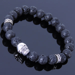 8mm Lava Rock Healing Gemstone Bracelet with S925 Sterling Silver Spacers & Protection Skull Bead - Handmade by Gem & Silver BR342