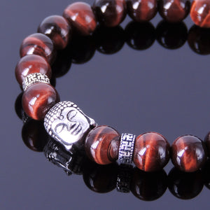 8mm Red Tiger Eye Healing Gemstone Bracelet with S925 Sterling Silver Sakyamuni Buddha & OM Meditation Spacer Beads - Handmade by Gem & Silver BR343E
