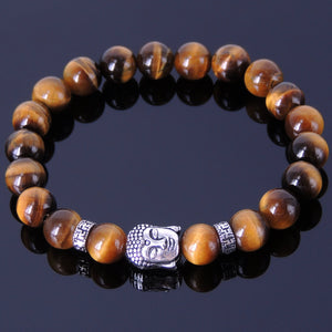 Brown Tiger Eye Healing Gemstone Bracelet with S925 Sterling Silver Sakyamuni Buddha & OM Meditation Spacer Beads - Handmade by Gem & Silver BR344E