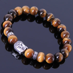 Brown Tiger Eye Healing Gemstone Bracelet with S925 Sterling Silver Sakyamuni Buddha & OM Meditation Spacer Beads - Handmade by Gem & Silver BR344E
