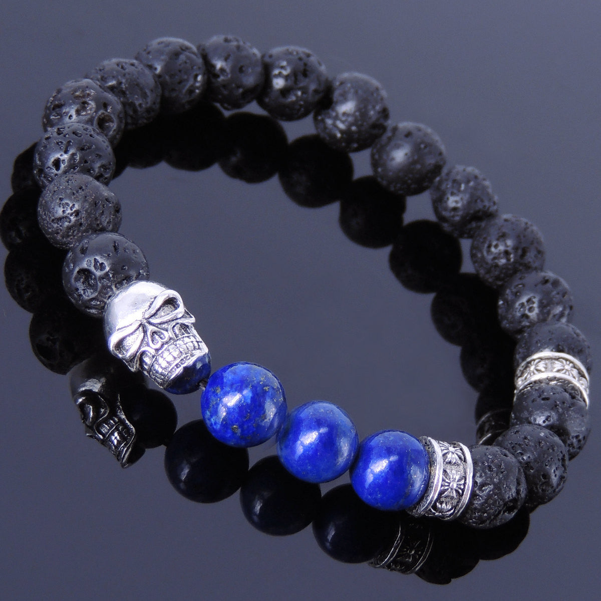 Lapis Lazuli & Lava Rock Healing Gemstone Bracelet with S925 Sterling Silver Protection Skull Bead & Cross Spacers - Handmade by Gem & Silver BR341