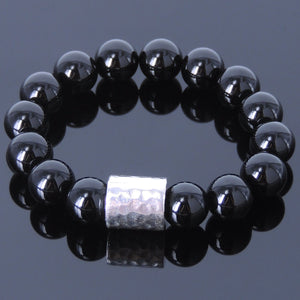12mm Bright Black Onyx Healing Gemstone Bracelet with S925 Sterling Silver Faceted Barrel Charm - Handmade by Gem & Silver BR069