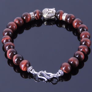 8mm Red Tiger Eye Healing Gemstone Bracelet with S925 Sterling Silver Guanyin Buddha, Buddhism Spacer Beads, & S-Hook Clasp - Handmade by Gem & Silver BR343