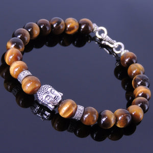 8mm Brown Tiger Eye Healing Gemstone Bracelet with S925 Sterling Silver Guanyin Buddha, Buddhism Spacer Beads & S-Hook Clasp - Handmade by Gem & Silver BR344