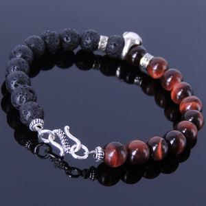 8mm Lava Rock & Red Tiger Eye Healing Gemstone Bracelet with S925 Sterling Silver Protection Skull, Celtic Spacer Beads & S-Hook Clasp - Handmade by Gem & Silver BR345