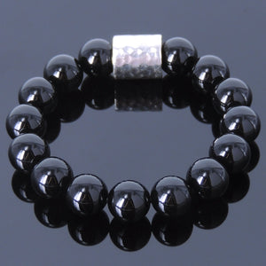 12mm Bright Black Onyx Healing Gemstone Bracelet with S925 Sterling Silver Faceted Barrel Charm - Handmade by Gem & Silver BR069