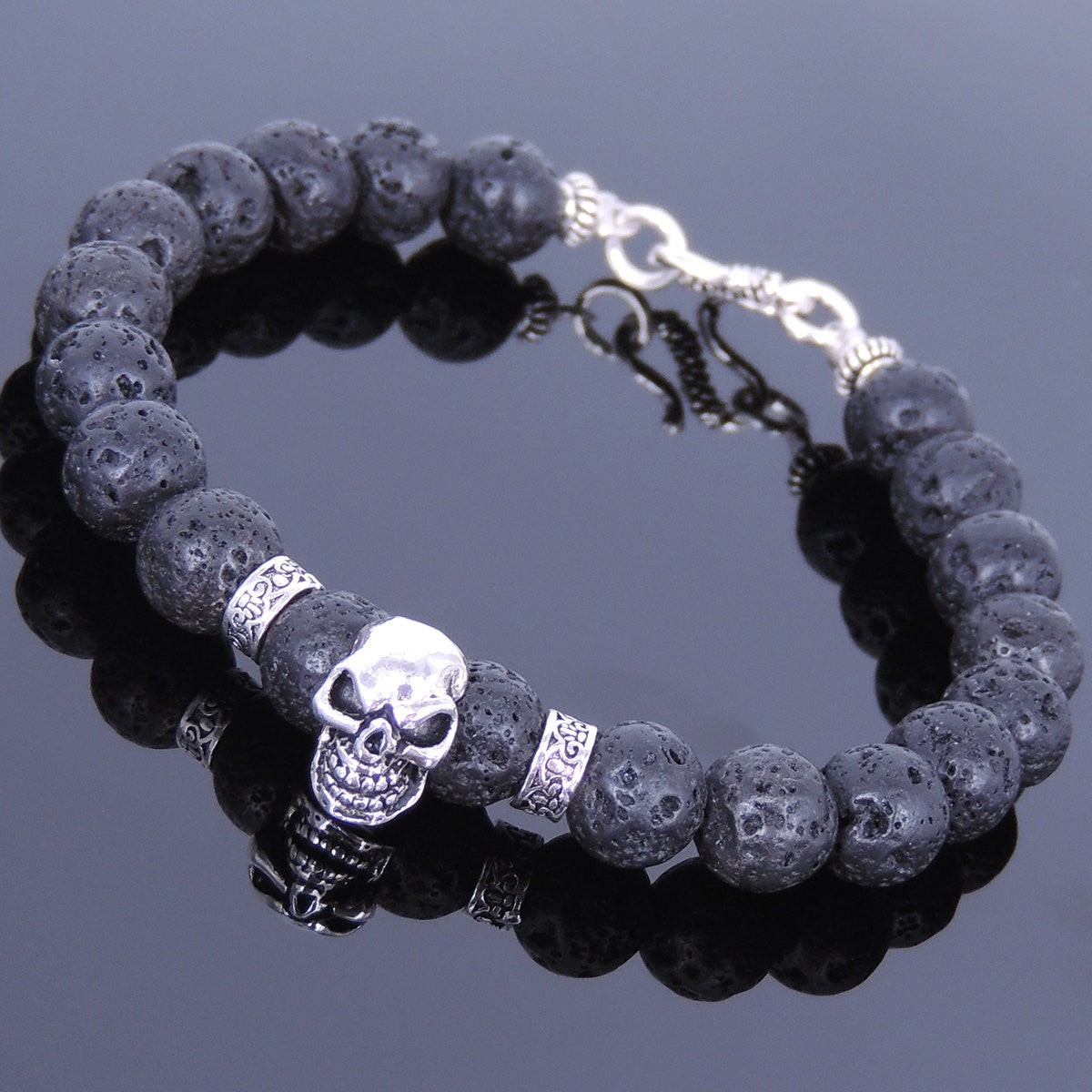 8mm Lava Rock Healing Stone Bracelet with S925 Sterling Silver Protection Skull Bead, Celtic Spacers, & S-Hook Clasp - Handmade by Gem & Silver BR353