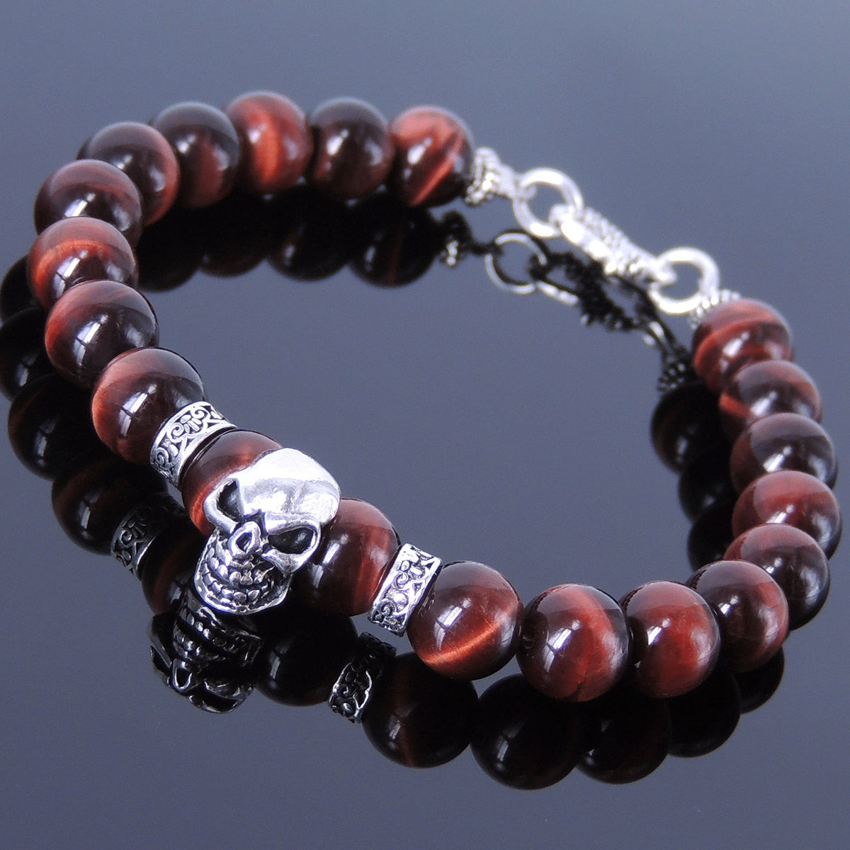 8mm Red Tiger Eye Healing Gemstone Bracelet with S925 Sterling Silver Protection Skull, Celtic Spacer Beads & S-Hook Clasp - Handmade by Gem & Silver BR352