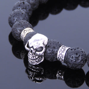 8mm Lava Rock Healing Stone Bracelet with S925 Sterling Silver Protection Skull Bead, Celtic Spacers, & S-Hook Clasp - Handmade by Gem & Silver BR353