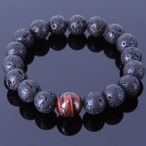 12mm Red Tiger Eye & 10mm Lava Rock Healing Gemstone Bracelet - Handmade by Gem & Silver BR362