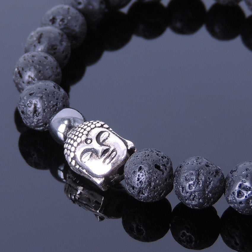 Lava Rock Hematite & Brown Tiger Eye Healing Gemstone Bracelet with Tibetan Silver Guanyin Buddha & OM Meditation Buddhist Spacer Beads - Handmade by Gem & Silver BR366