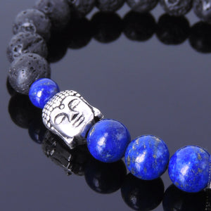 Lapis Lazuli & Lava Rock Healing Gemstone Bracelet with S925 Sterling Silver Buddha Bead & Spacer - Handmade by Gem & Silver BR367