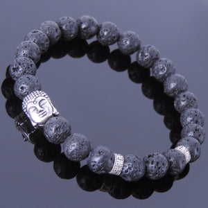 Lava Rock Healing Gemstone Bracelet with S925 Sterling Silver Sakyamuni Buddha & OM Meditation Spacer Beads - Handmade by Gem & Silver BR365