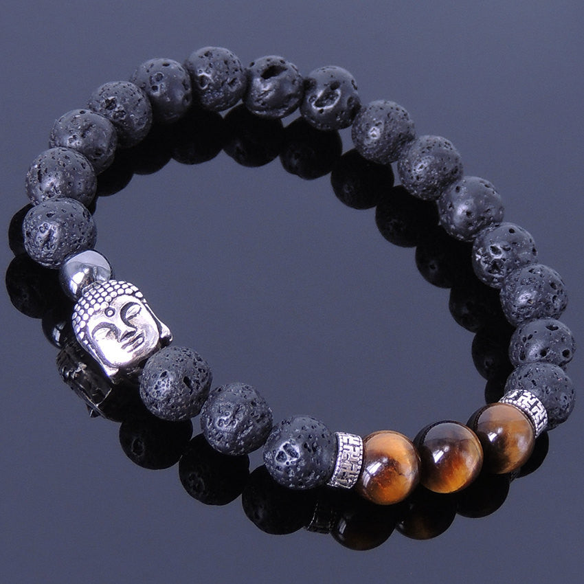 Lava Rock Hematite & Brown Tiger Eye Healing Gemstone Bracelet with Tibetan Silver Guanyin Buddha & OM Meditation Buddhist Spacer Beads - Handmade by Gem & Silver BR366