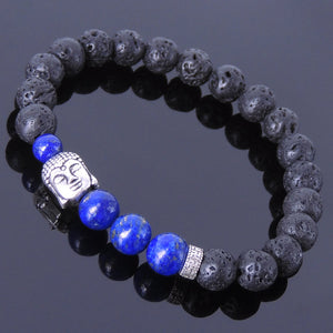 Lapis Lazuli & Lava Rock Healing Gemstone Bracelet with S925 Sterling Silver Buddha Bead & Spacer - Handmade by Gem & Silver BR367