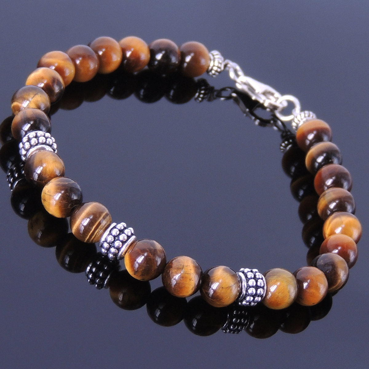 6mm Brown Tiger Eye Healing Stone Bracelet with S925 Sterling Silver Artisan Spacer Beads & Clasp - Handmade by Gem & Silver BR368