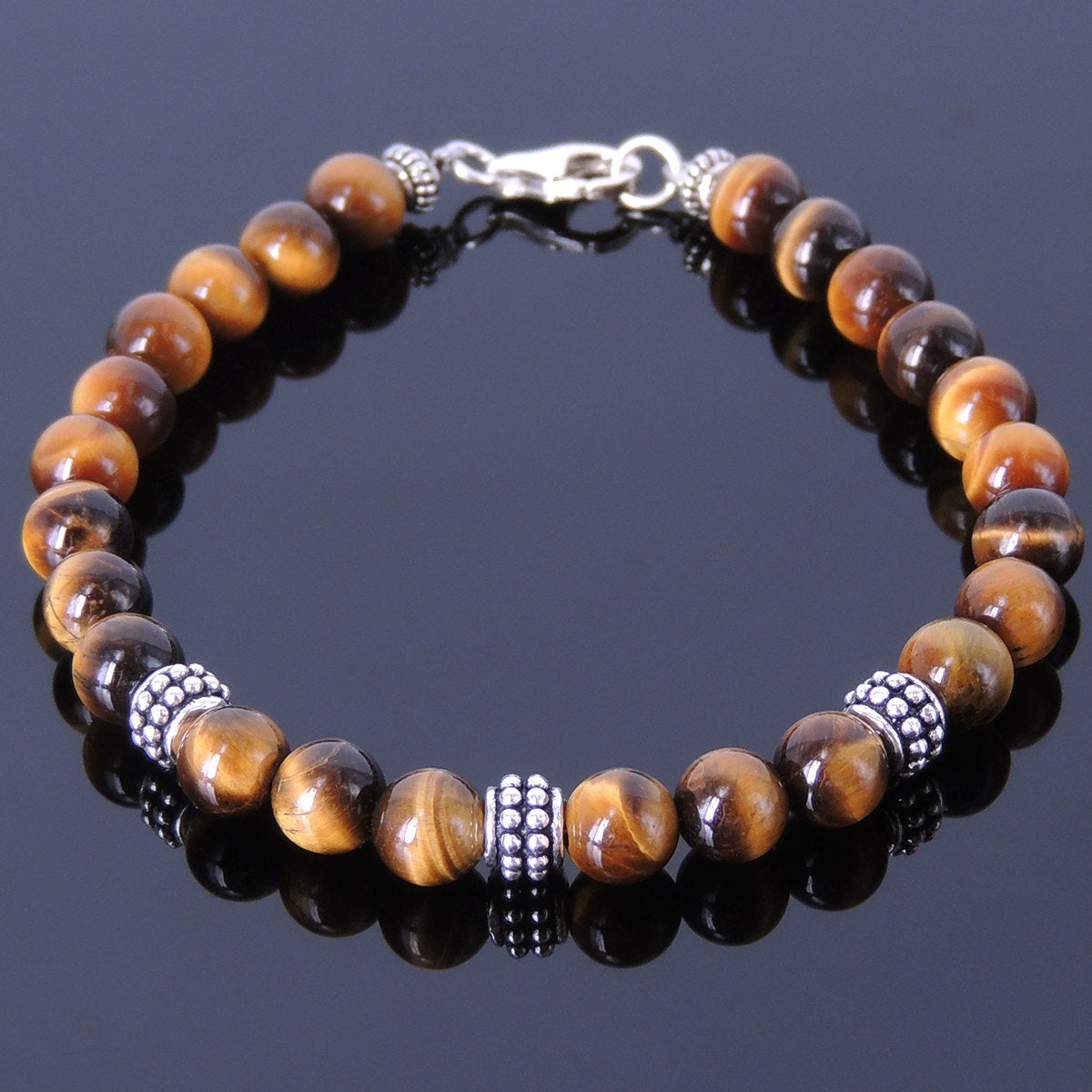 6mm Brown Tiger Eye Healing Stone Bracelet with S925 Sterling Silver Artisan Spacer Beads & Clasp - Handmade by Gem & Silver BR368