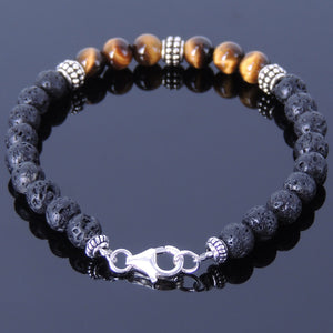 6mm Lava Rock & Brown Tiger Eye Healing Stone Bracelet with S925 Sterling Silver Artisan Spacer Beads & Clasp - Handmade by Gem & Silver BR369