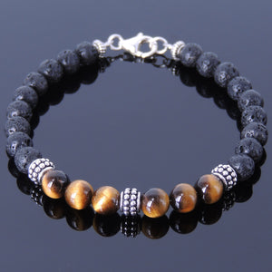 6mm Lava Rock & Brown Tiger Eye Healing Stone Bracelet with S925 Sterling Silver Artisan Spacer Beads & Clasp - Handmade by Gem & Silver BR369