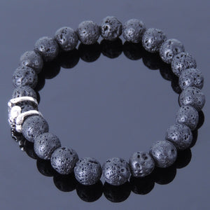 8mm Lava Rock Healing Stone Bracelet with S925 Sterling Silver Gothic Skull Protection Charm - Handmade by Gem & Silver BR373