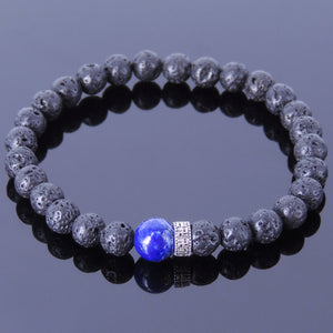 6mm Lapis Lazuli & Lava Rock Healing Gemstone Bracelet with S925 Sterling Silver Buddhist Protection Spacer Bead - Handmade by Gem & Silver BR374