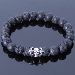 8mm Lava Rock Healing Stone Bracelet with S925 Sterling Silver Gothic Skull Protection Charm - Handmade by Gem & Silver BR373