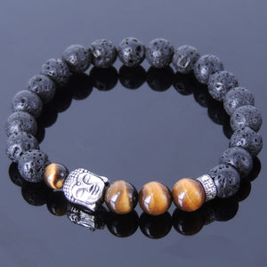 Brown Tiger Eye & Lava Rock Healing Gemstone Bracelet with S925 Sterling Silver Sakyamuni Buddha & Spacers - Handmade by Gem & Silver BR377