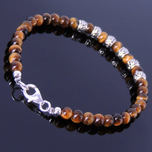 4mm Brown Tiger Eye Healing Gemstone Bracelet with S925 Sterling Silver Artisan Spacer Beads & Clasp - Handmade by Gem & Silver BR183