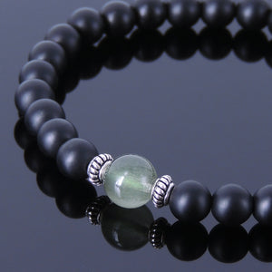 Green Rutilated Quartz & Matte Black Onyx Healing Gemstone Bracelet with S925 Sterling Silver Spacer Beads - Handmade by Gem & Silver BR385