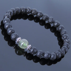 Green Rutilated Quartz & Lava Rock Healing Gemstone Bracelet with S925 Sterling Silver Spacer Beads - Handmade by Gem & Silver BR386