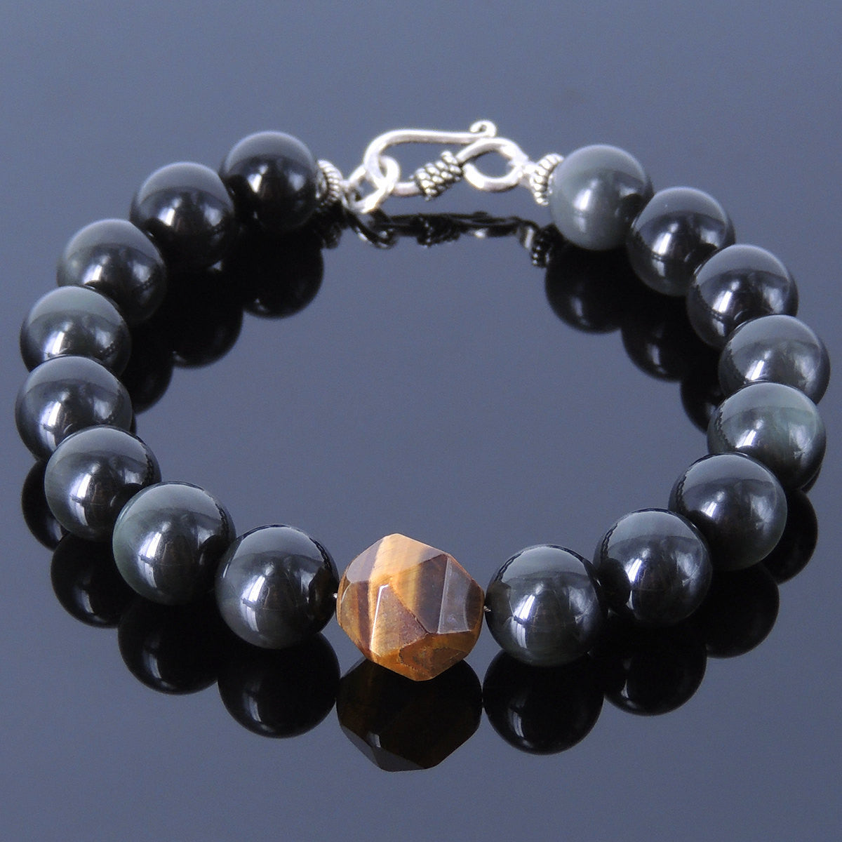 10mm Rainbow Black Obsidian & Faceted Brown Tiger Eye Healing Gemstone Bracelet with S925 Sterling Silver Spacer Beads & Clasp - Handmade by Gem & Silver BR122