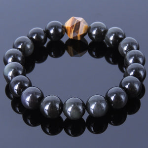 Rainbow Black Obsidian & Faceted Brown Tiger Eye Healing Gemstone Bracelet - Handmade by Gem & Silver BR122E