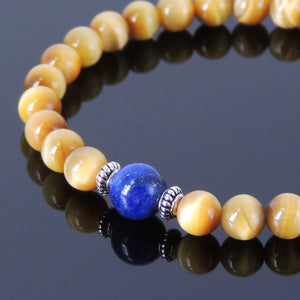 Golden Tiger Eye & Lapis Lazuli Healing Gemstone Bracelet with S925 Sterling Silver Spacer Beads - Handmade by Gem & Silver BR387