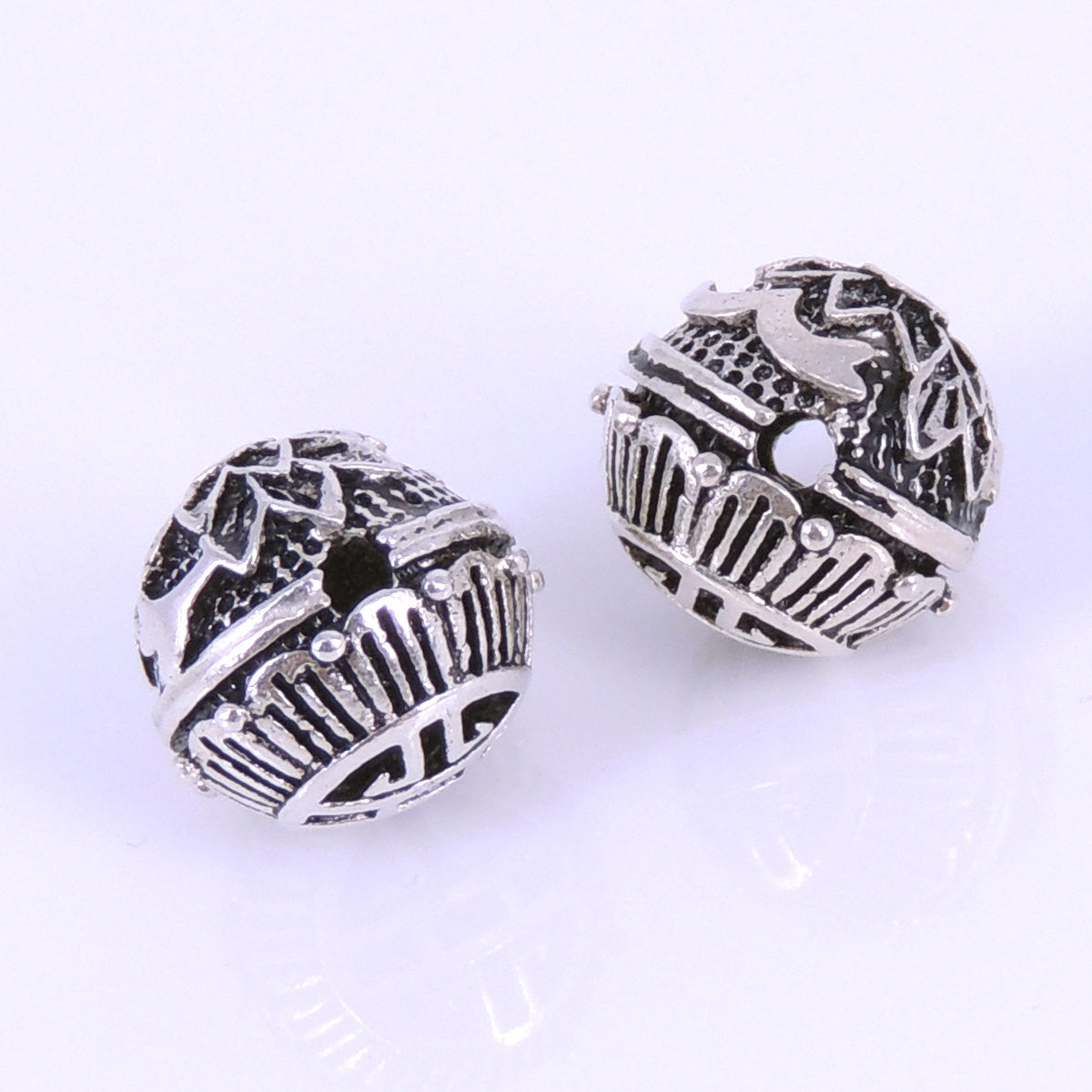 2 PCS Round Vintage Lotus Charm Beads - S925 Sterling Silver WSP263X2