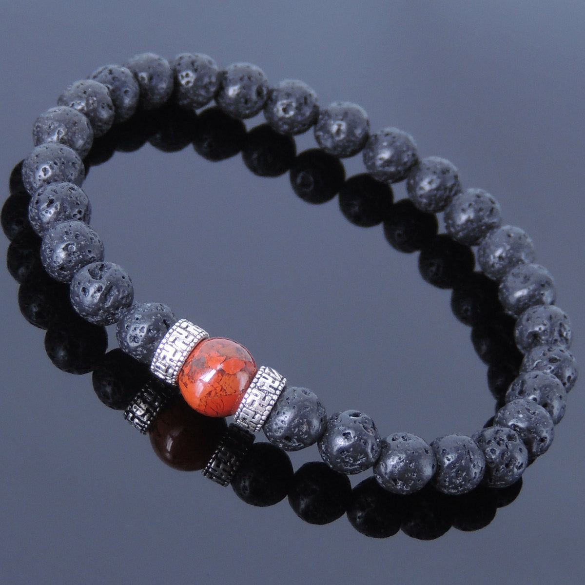 Red Jasper & Lava Rock Healing Gemstone Bracelet with S925 Sterling Silver Buddhism Spacer Beads - Handmade by Gem & Silver BR388