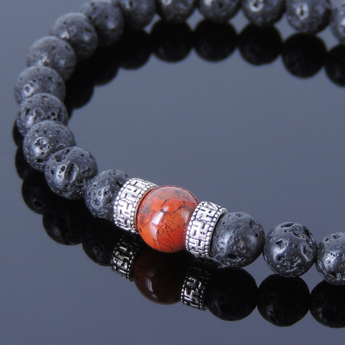 Red Jasper & Lava Rock Healing Gemstone Bracelet with S925 Sterling Silver Buddhism Spacer Beads - Handmade by Gem & Silver BR388