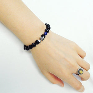 Lapis Lazuli & Rainbow Black Obsidian Healing Gemstone Bracelet with S925 Sterling Silver Protection Cross Charm - Handmade by Gem & Silver BR205