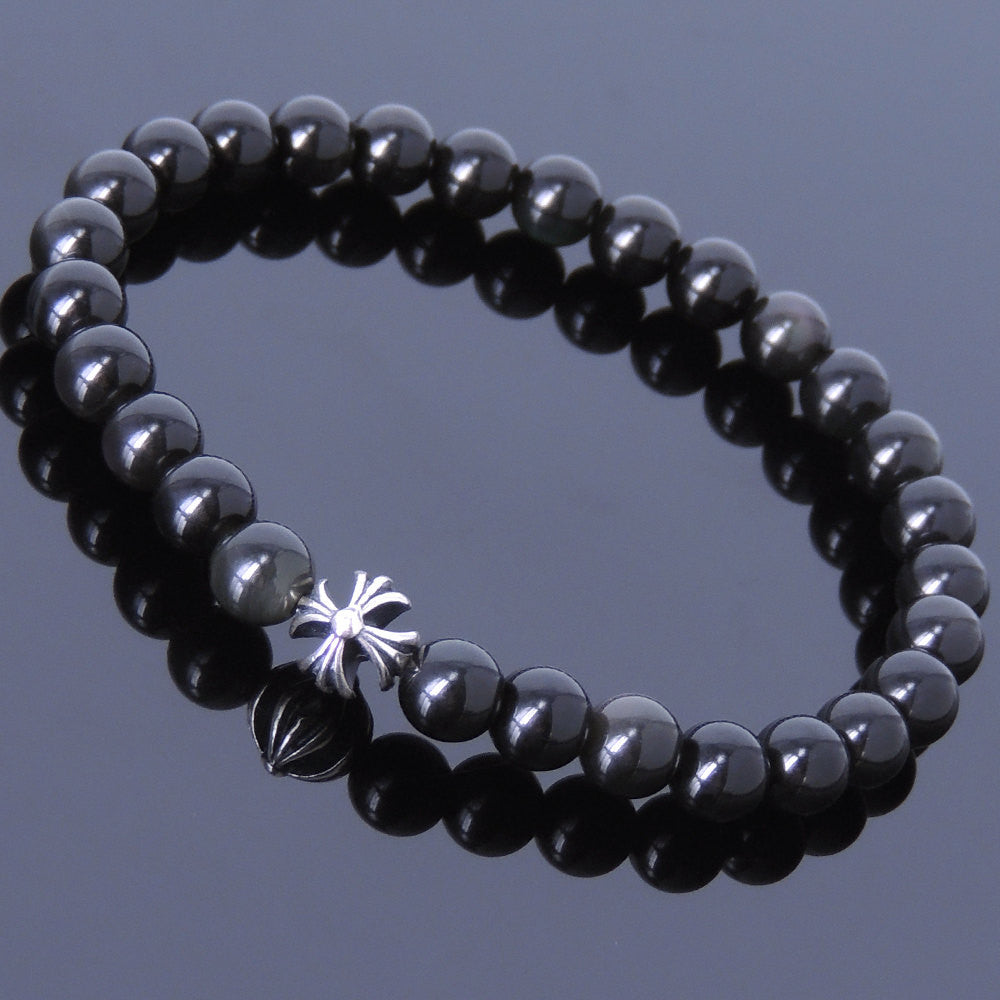 6mm Rainbow Black Obsidian Healing Gemstone Bracelet with S925 Sterling Silver Cross Bead - Handmade by Gem & Silver BR394