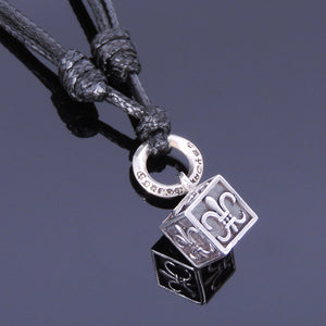 Adjustable Wax Rope Necklace with S925 Sterling Silver Vintage Fleur de Lis Cube Pendant - Handmade by Gem & Silver NK005