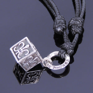 Adjustable Wax Rope Necklace with S925 Sterling Silver Vintage Fleur de Lis Cube Pendant - Handmade by Gem & Silver NK005